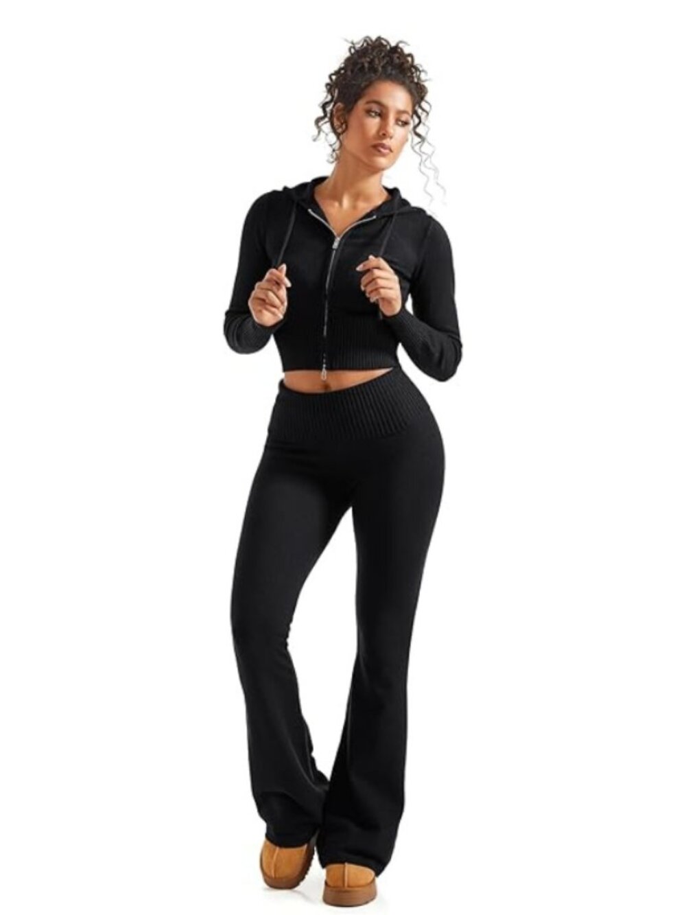 2 Piece Knit Set Cropped Zip Up Hoodie Foldover Flare Leg Pants Sweatsuit - Picture 6 of 7